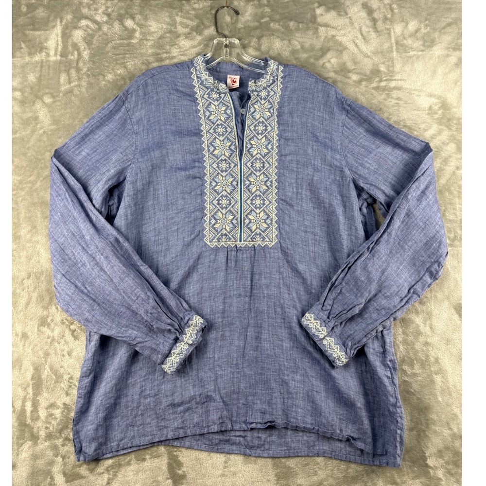 Slobozhanka Linen Shirt Mens XL Vyshyvanka Blue Embroidered Tunic EUC